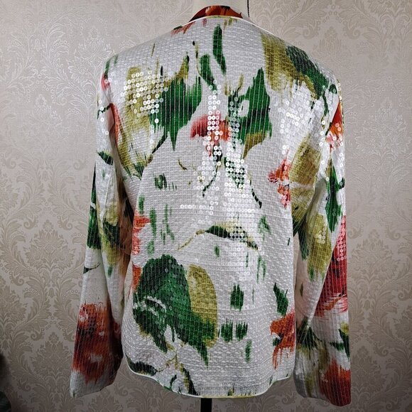 Chico's Size 1 (US S) Zip Front Jacket White Orange Green Clear Sequins Rd Neck - Picture 7 of 11